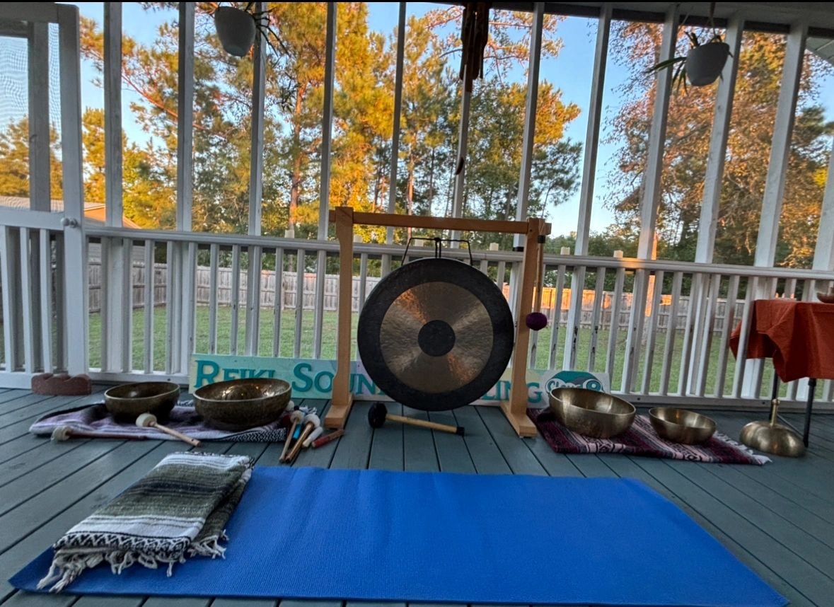 Gong and singing bowls on the porch at the Healing Cottage